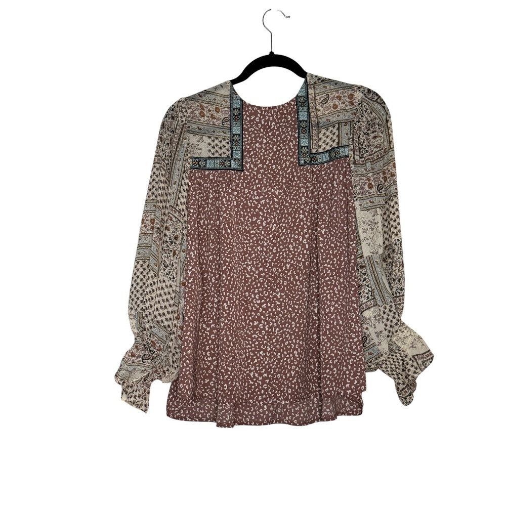 Entro Anthropologie Boho Paisley Mixed Print Blouse Brown S Peasant Cottage